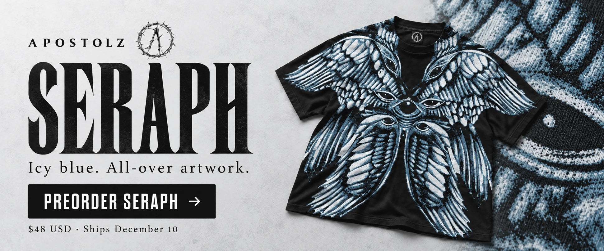 Seraph flat lay with muted blue wing artwork. Preorder Seraph, $48 USD, ships December 10.